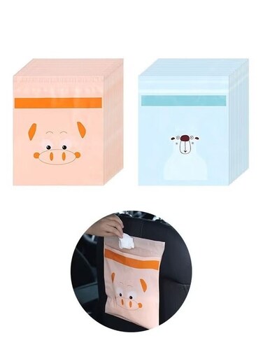 Disposable Cartoon Car Trash Bag, Portable Sealable Durable Thickening PEVA Waterproof Leak Proof Vomit Bag, Camping Kitchen Office Storage Bag (Blue+Orange)