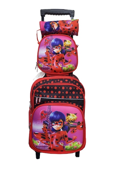 Cartoon Printed Kids School Trolley Backpack Set, 3 Pieces, 16.5 Inch Rolling Bag Lunch Box Pencil Case.Red Black Fighter Lady