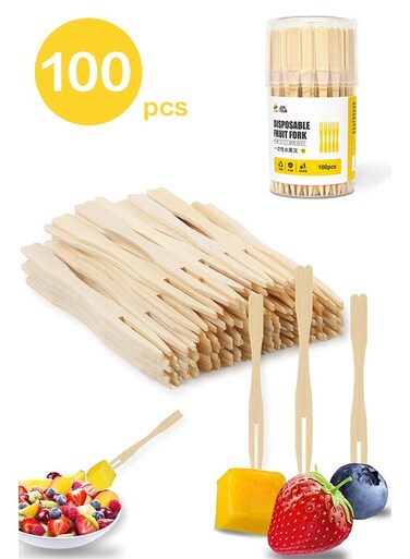 TOUR 100 Bamboo Appetizer Forks, 3.5 Inch Mini Bamboo Forks for Charcuterie Boards Accessories, Fancy Toothpicks for Appetizers, Disposable Wooden Cocktail Fork, Small Fruit Food Picks for Party Supplies