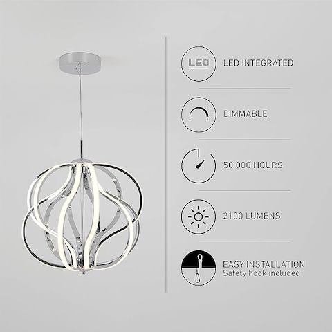 Artika Meridian 30W LED Modern Pendant Light Fixture, Chrome - Ideal For Dining Room, Kitchen Island Light, 2100 Lumens, 3000 Kelvin, No Bulb Required