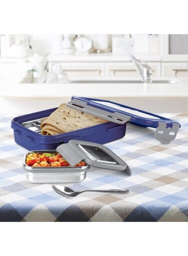 Stainless Steel Lunch Box Tiffin for Kids &acirc;&euro;&ldquo; 500ml and 175ml Airtight Containers with Clip Lock Lid and Spoon,Food Container for Office, College, School or Picnic, Steely Super Deluxe, Blue