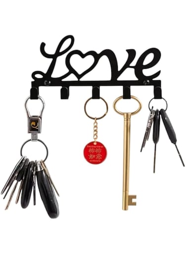 Modern Black Metal Wall-Mounted Key Holder - Easy Install, Artistic Love-Themed Storage Rack for Entryway &amp; Hallway Decor