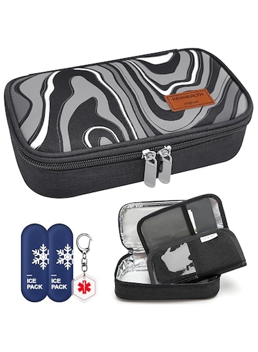 DISONCARE Portable Insulin Pen Cooler with Medical Alert, Insulated Medicine Travel Bag for Diabetic EpiPen Needles with 2 Reusable Ice Pack Easy to TSA Approved (Large Black)