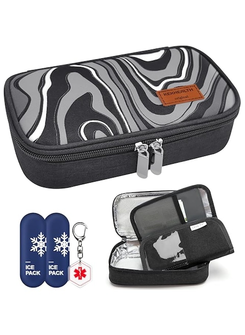 DISONCARE Portable Insulin Pen Cooler with Medical Alert, Insulated Medicine Travel Bag for Diabetic EpiPen Needles with 2 Reusable Ice Pack Easy to TSA Approved (Large Black)