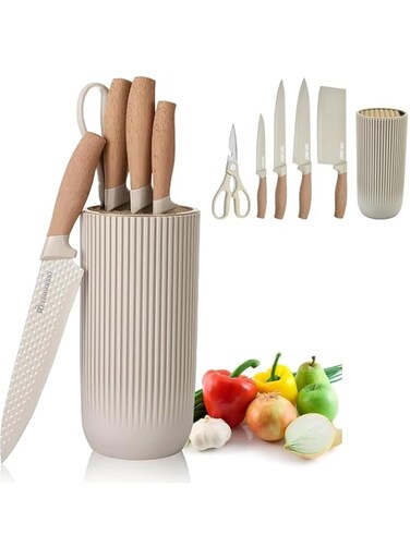 EETU Kitchen Knife Set,6pcs Khaki Sharp Knife Set for Kitchen with Ergonomic Wood Handles,Non-stick Non-slip Stainless Steel Chef Knife Set with Universal Knife Block,Ideal Cookware for Home Chefs