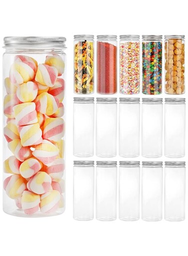 Tebery 16 Pack Plastic Spice Jars Bottles Containers with Lids 17oz Clear Straight Cylinders Plastic Canisters for Food &amp; Home Storage