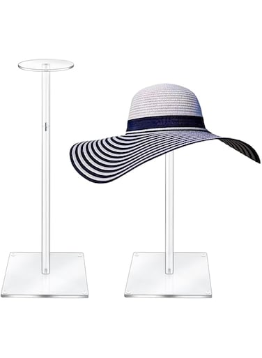 RSSCIIIUL Acrylic Hat Stand and Wig Display Rack, 2pcs 17" Clear Hat Stands for Display, Adjustable Height Hat Holder, Square Barbell Base Display, Hat Rack Stand for Display Jewelry Watch Helmets
