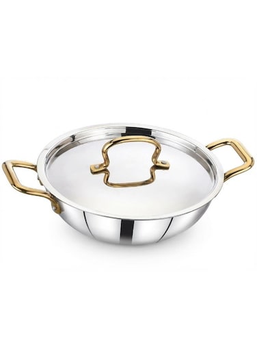 Tri-Ply Stainless Steel Kadai with Lid   Induction Bottom   Gas &amp; Induction Compatible Steel Finish- 22Cm