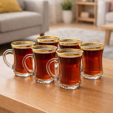 6 PCS Turkish Tea Glass Set with Golden Rim &acirc;&euro;&ldquo; Elegant Estikan Cups