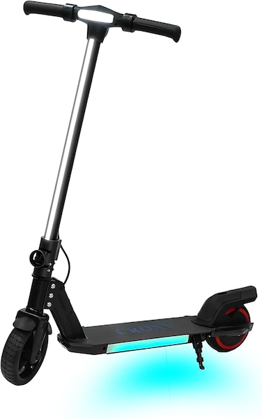 كروني سكوتر الكتروني قابل للطي للاطفال مع شريط اضاءة LED، اضواء سطح RGB، فرامل الكترونية، شاشة LED، مسرع ومسند قدم ممتد للاعمار من 5 الى 12 سنة، حمولة قصوى 60 كغم، اسود