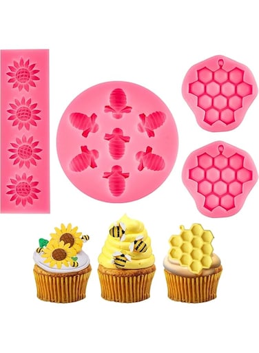 SYOSI Silicone Mold Bumble Bee Chocolate Sugarcraft Baking Tool DIY Cake Silicone Mold Honeycomb Sunflower and Bee Fondant Molds for Cupcake Cake Decorating Sugar, 4 Pieces