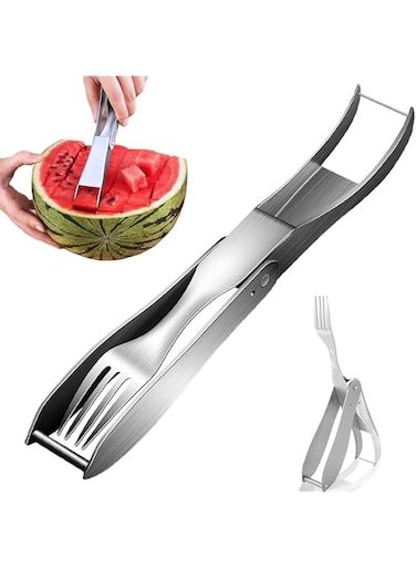 Paporich Watermelon Slicer Cutter, 2 in 1 Watermelon Fork Slicer, Portable Stainless Steel Watermelon Cutter, Kitchen Slicer Gadget Tool, Fruit Forks Slicer for Home Party Camping (Silver)