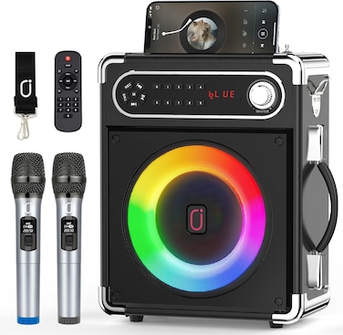 JYX Karaoke Machine with Two Wireless Microphones, Portable Bluetooth Speaker with Bass/Treble Adjustment, PA System with Remote Control, LED Lights,Supports TF Card/USB, AUX IN, FM, REC,TWS for Party