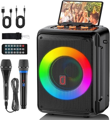 JYXAE-D13 Karaoke Machine for Adults and Kids, Bluetooth Speaker with 2 Microphones, Portable Party Karaoke Speaker with DJ Lights Support USB/AUX/REC, PA System Best Gift for Brithday etc