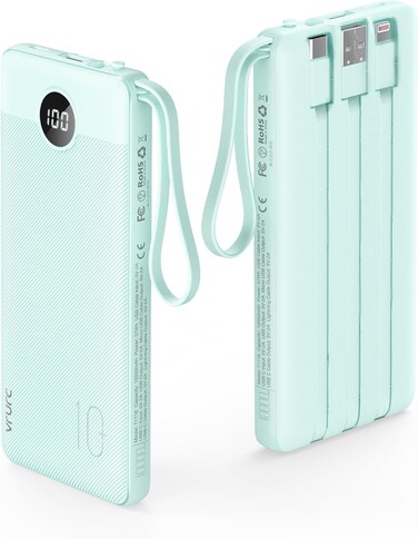 VRURC Portable Charger with Built-in Cables, 10000mAh LED Display USB C Power Bank, 5 Output 2 Input Travel Phone Charger, Slim External Battery Compatible with iPhone,Samsung,Android etc-Green
