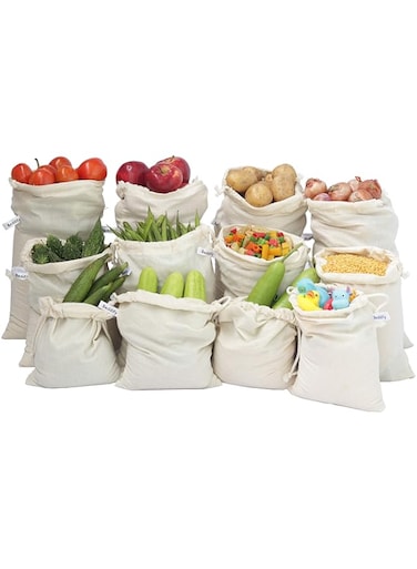 Beddify Cotton Set of 12 Reusable Fridge Storage Bags for Vegetables and Fruits Quality Multipurpose Eco Friendly Bags (4 Large, 4 Medium &amp; 4 Small Size Bags) Drawstring