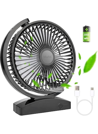 Mafiti Mini Desktop Fan, Small USB Silent Fan, 3000 mAh Rechargeable Battery, 3 Speed, Portable Table Fan for Home, Office, Travel (black)
