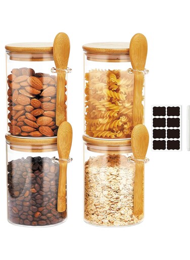 4-Pack 600ml(20.29oz) Glass Jars With Aitight Bamboo Lids and Spoon,Spice Jars Overnight Oats Jars Breakfast Jars Sugar Salt Coffee Tea Candy Cookies Jars, Kitchen Storage (4Pack600ML)