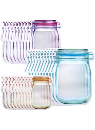 Arabest Mason Jar Zipper Bags, Multi-size Bottle Pattern Reusable Ziploc Bags, Reusable Airtight Seal Leak-proof Portable Food Snack Save Storage Pouch Bag for Travel Picnic Camping and Kids (30pcs))