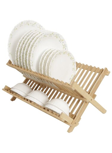 Bamboo Drying Rack Folding 2-Tier Dish Drying Rack With Utensil Holder 36x1x30 Cm Light Brown
