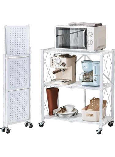 Foldable Storage Shelf, No Assembly Required Metal Storage Shelves on Wheels for Living Room Bedroom Kitchen (White, 3-Shelf)