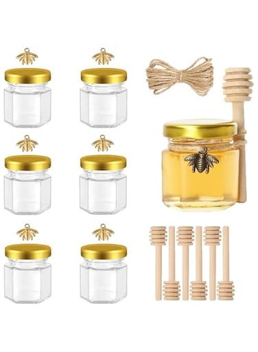 neotimely 6 Pcs Mini Glass Honey jars, Hexagon Honey Jars with Wooden Dipper, Small Mason Jars with Golden Lids for Honey, Spice, Jam, Perfect for DIY Gift, Wedding Favors, Party Favors (1.5 oz)