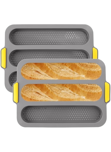 Tazweeq 2 Pcs Silicone Baguette Pan, Nonstick French Bread Baking Pan, 3 Wave Long Loaf Toast Mold Baking Tray Baguette Pan, for Oven Baker