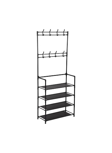 Portable Shoe Rack RF12781 with 4 Shelves and 8 Hooks, 10 kg Capacity, Strong Metal Rods, Easy to Assemble Multi-Purpose Storage for Shoes, Cap, and other Accessories
