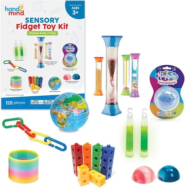hand2mind Sensory Fidget Toy Kits for Kids, Sensory Toys for Sensory Play, Play Therapy Toys, Fidget Tube, Mini Glow Sticks, Play Foam, Stress Ball, Fidget Links, Fidget Cubes &amp; Spring (128 Pieces)