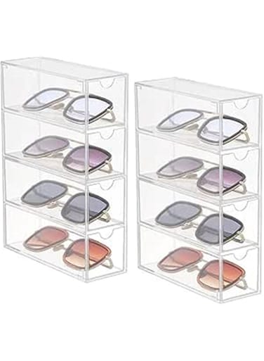 Pack Sunglass Storage Box, Clear Sunglasses Case with 4 Clear Divided Drawers, Stackable Acrylic Display Box Storage Organizer, for Sunglasses Eye-Glass Jewelry Cosmetic Watch Eyeshadow (2 Pack)
