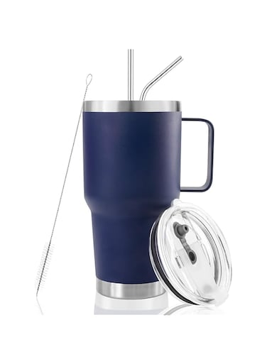 DYNAMIC SE 30 oz Navy Tumbler With Handle, Double Wall Stainless Steel Vacuum Insulated Travel Mug with Splash-Proof Lid Metal Straw and Brush