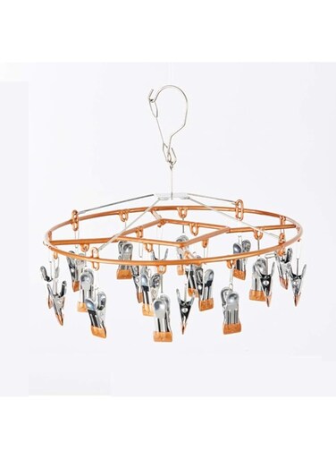 souqoon Souqoon&reg; Hanging Drying Rack Stainless Steel Drying Rack Socks Clothes Clip Hook Drying Rack Clip Drying Artifact Round 24 Clip Laundry Drying Rack Sock Hanger (Gold)