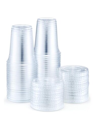Eupako 12 oz Plastic Cups with Lids 100 Sets Clear Disposable Plastic Party Cups with Flat Lids to Go, Cold Drink Cups, Smoothie Cups, Milkshake Cups