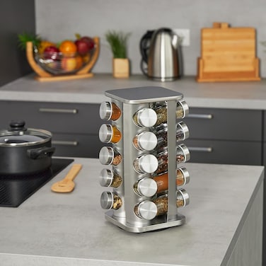 Spice Carousel, 20 Spice Jars, 360&deg; Rotatable, Stainless Steel, Glass, HBT: 33.5 x 20 x 20 cm, Silver