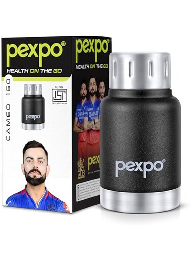 Pexpo Cameo Pro Vacuum Insulated 160ml Stainless Steel Water Bottle - Black Knight  Hot &amp; Cold Upto 4-5 Hours   Leak Proof   Office, School, Gym &amp; Travelling Men, Women &amp; Kids  Limited RCB Edition
