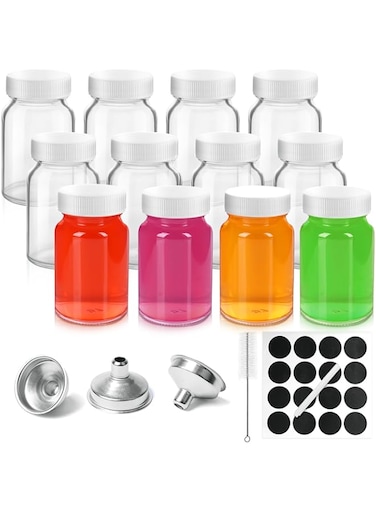SKYLINK 12Pack 2 oz Clear Glass Bottles with White Lids, Stainless Steel Funnel, Brush &amp; 16 Labels &ndash; Small Wide-Mouth Jars for Ginger Shots, Juice, Travel, Samples &ndash; Leakproof &amp; Dishwasher Safe