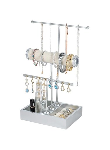 Diylove Jewelry Holder Organizer Jewelry Stand, 3 Tier Jewelry Organizer,Jewelry Display Rack Tree Jewelry Tower for Earring Bracelet Ring Necklace,Tabletop Jewelry Organizer for Girls (Silver)