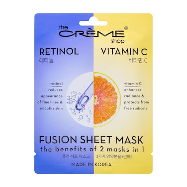 The Creme Shop Retinol &amp; Vitamin C Fusion Sheet Mask, Korean Sheet Mask, Anti-Aging Face Mask Brightens and Plumps Skin, Vitamin C Sheet Mask with Hyaluronic Acid and Retinol (5 Pack)