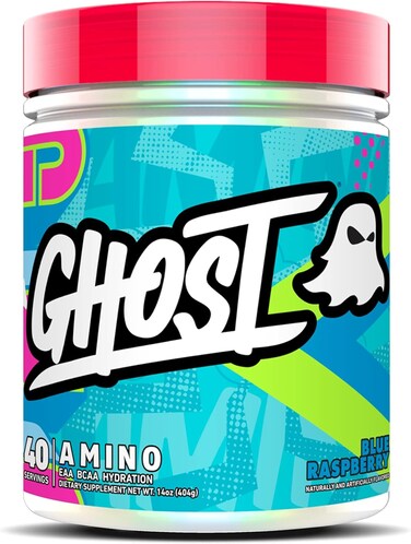 GHOST Amino: Essential Amino Acid Supplement, Blue Raspberry - 40 Servings - Intra-Workout Powder for Hydration &amp; Recovery 4.5g BCAA &amp; 5.5g EAA - Soy &amp; Gluten-Free, Vegan
