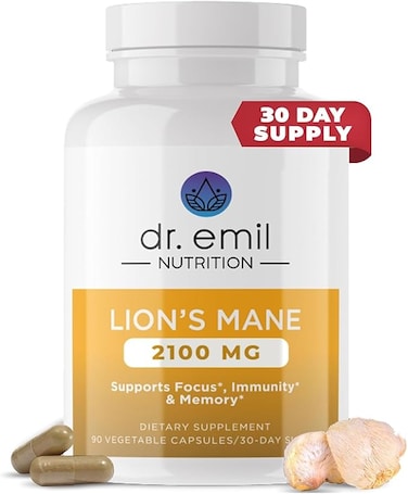 DR. EMIL NUTRITION Lions Mane Mushroom Capsules - 2100 mg Absorption Enhancer Nootropic Brain Supplement and Immune System Booster
