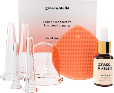 Facial Cupping (7-Pc Set) - Face Cupping Set - Facial Suction Cups With Jojoba Oil &amp; Cleansing Brush To Reduce Appearance Of Fine Lines - Face Suction Cup Set For Lymphatic Drainage by grace &amp; stella