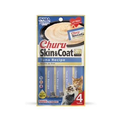 Inaba Churu Skin &amp; Coat- Tuna Recipe Cat Treat 4PCS/PK - 56g, Grain-Free Lickable Cat Treat/Topper for healthy Skin &amp; Coat