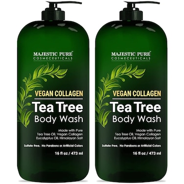 MAJESTIC PURE Tea Tree Body Wash with Collagen - Helps Nail Fungus, Athletes Foot, Ringworms, Jock Itch, Acne, Eczema &amp; Body Odor - Soothes Itching - (Packaging May Vary), Set of 2, 16 fl oz