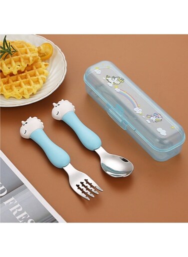 Portable Cutlery Set Stainless Steel Fork And Spoon Set With Storage Box Blue