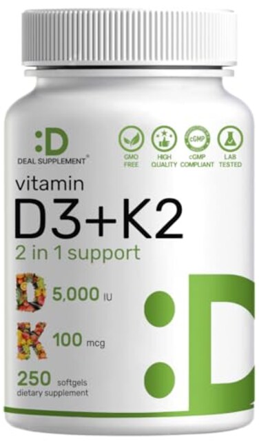 Deal Supplement Vitamin D3 K2 Softgel, 250* Count, 2-1 Complex, Vitamin D3 5000 IU &amp; Vitamin K2 Mk7, Promotes Heart, Bone &amp; Teeth Health - Very Easy To Swallow