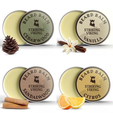 Striking Viking Beard Balm For Men - Leave In Beard Conditioner - Naturally Derived Butter, Argan &amp; Jojoba Beard Oils - (Citrus, Vanilla, Sandalwood, Cedarwood Scents, 1 Ounce (Pack Of 4))