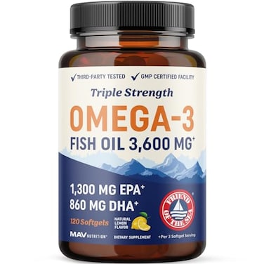 Mav Nutrition Premium Fish Oil Omega 3 - Max Potency - 3,600Mg + 1,296Mg EPA + 864Mg DHA + Immune Support + Heart &amp; Brain Health + Joint &amp; Skin Support + Burpless + Natural Lemon Flavor, 120 Capsules