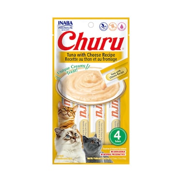 Inaba Churu Tuna with Cheese Recipe Lickable Cat Treat 4PCS/PK - 56g, Grain-Free Lickable Cat Treat/Topper with Vitamin E &amp; Taurine