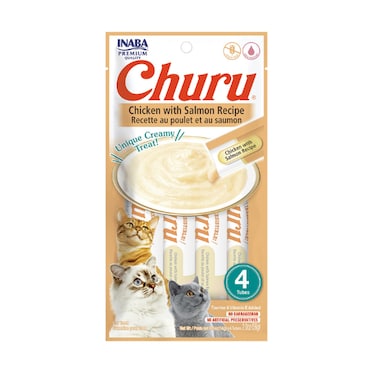Inaba Churu Chicken with Salmon Recipe Cat Treat, Grain-Free Lickable Cat Treat/Topper with Vitamin E &amp; Taurine 4PCS/PK - 56g