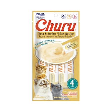 Inaba Churu Tuna with Bonito Flakes Recipe Cat Treat, Grain-Free Lickable Cat Treat/Topper with Vitamin E &amp; Taurine 4PCS/PK - 56g